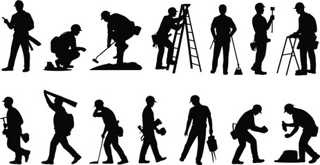 Fototapeta premium Construction workers silhouette collection with builders using hammer drill ladder and tools isolated on white background black vector illustration set