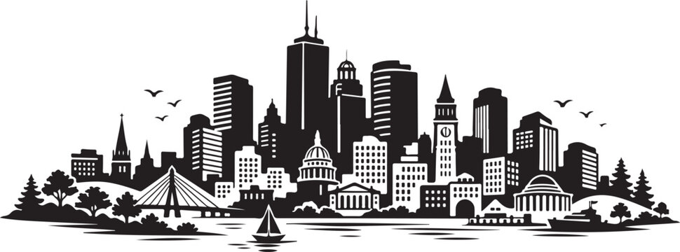 Boston Skyline Silhouette, Vector Illustration, Isolated on White Background
