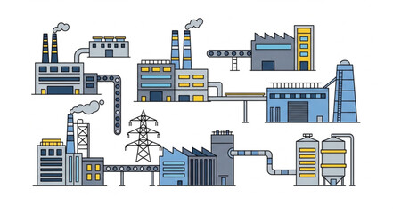 Industrial Factory Complex with Various Buildings.