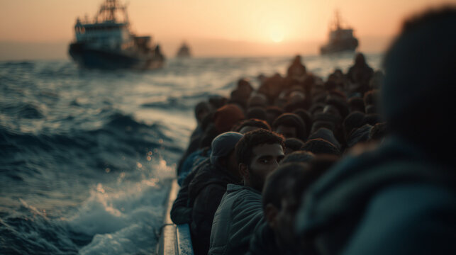 Crowded migrant boat crossing rough sea at sunset with silhouettes of people sitting tightly together and distant patrol ships illustrating humanitarian crisis and sea migration risk
