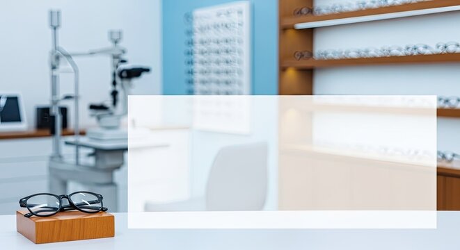 Optometry office with glasses and equipment.