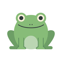 Fototapeta premium A cute flat vector illustration of a green frog sitting and facing forward. The frog has a round body, large eyes positioned on top of its head, and a simple smiling expression.
