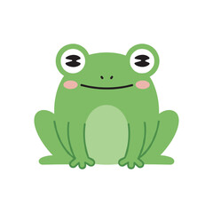 Fototapeta premium Cute smiling cartoon frog with a round body, big expressive eyes, and soft green tones, sitting in a simple flat vector style on a isolated background