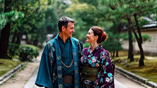 Couple in traditional kimonos outdoors