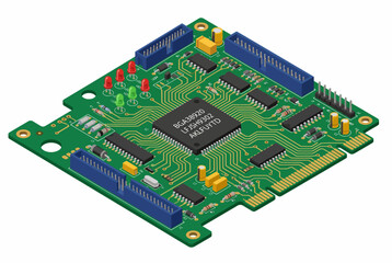 Obraz premium Isometric Circuit Board Vector Illustration High Tech Green Motherboard with CPU Microchips and Electronic Components for Technology and Engineering Branding