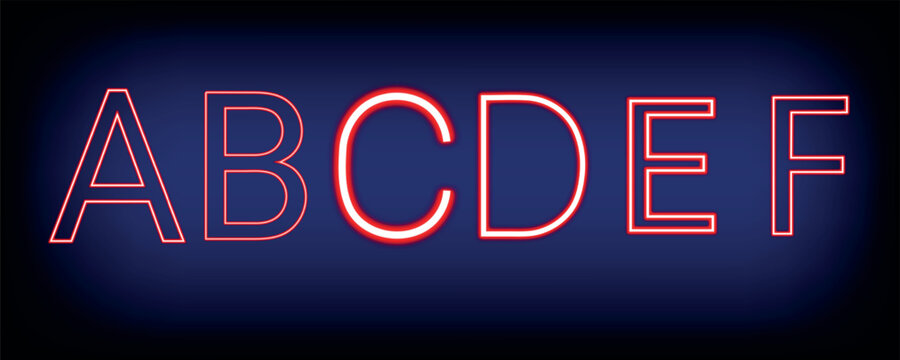 Neon sign with glowing letters abcdef on dark background