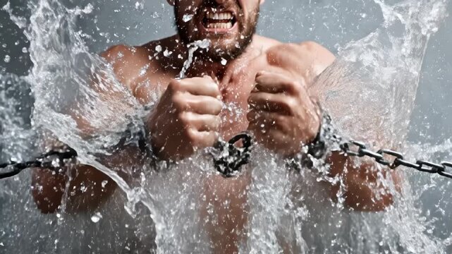 Man Breaking Chains with Water Splash Action Shot
