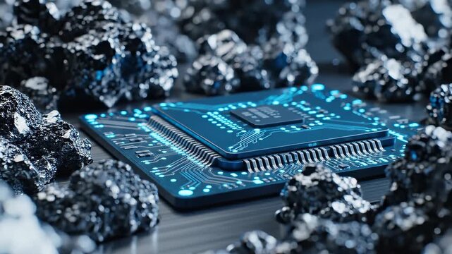 Close-up of computer chip surrounded by metallic rocks. High-tech visual showcases fusion of technology and nature. Ideal for sci-fi and innovation projects.