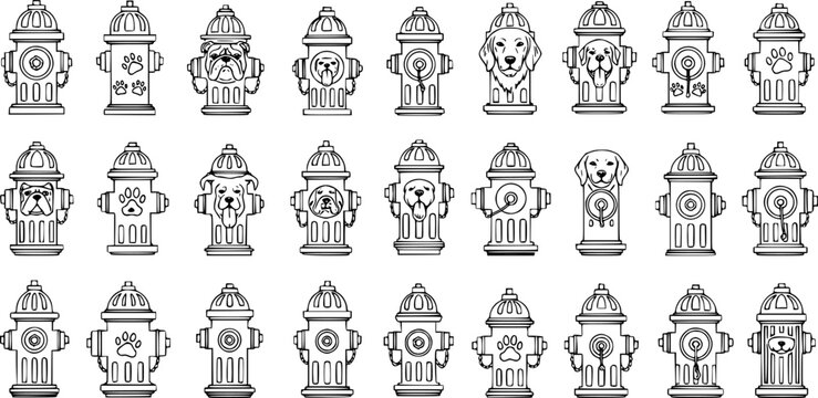 Collection of Fire Hydrant and Dog Icons: Black and White Line Art Set Featuring Various Dog Faces and Paw Prints, Sketch Style for Pet and Urban Themes