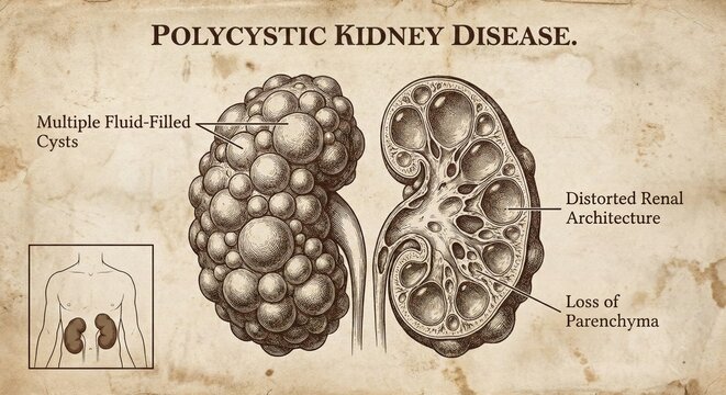 Polycystic Kidney Disease Illustration - Medical Diagram Explaining Renal Condition.