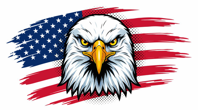 American Bald Eagle Mascot with US Flag Background Patriotic Eagle Head Vector Illustration for Fourth of July and Veterans Day Branding