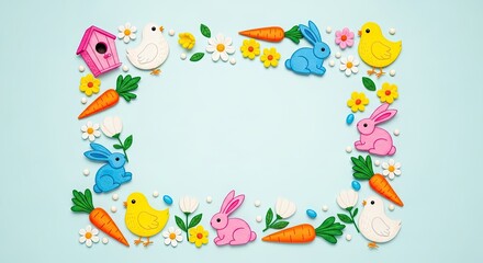 Fototapeta premium Easter celebration frame with colorful bunnies eggs and carrots