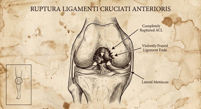 Anterior Cruciate Ligament Rupture Diagram, Medical Illustration, Knee Injury.