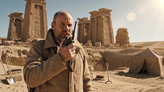 Archaeologist speaking on a walkie talkie while gesturing and exploring an ancient egyptian ruin during a desert excavation, with his tent and tools in the background