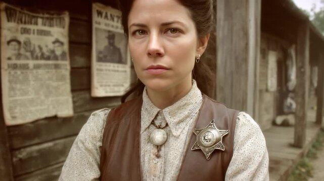 Stern Western woman in sheriff attire, standing before a weathered wooden building with wanted posters, embodying the frontier spirit of the Wild West era.
