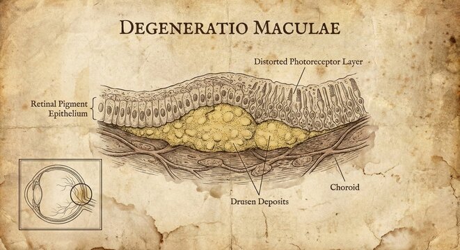 Vintage Medical Illustration Macular Degeneration Eye Disease Diagram.