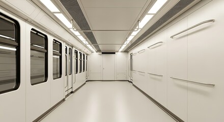 Fototapeta premium Empty subway car with white walls and metal railings.
