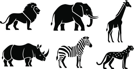Fototapeta premium African Safari Animals Silhouette Flat Vector Icon Set
