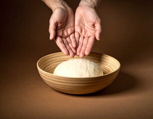 Sharing the Daily Bread: A person&rsquo;s hands gently cradle a wooden bowl holding a freshly made dough, symbolizing sustenance, provision, and the nurturing aspects of life.