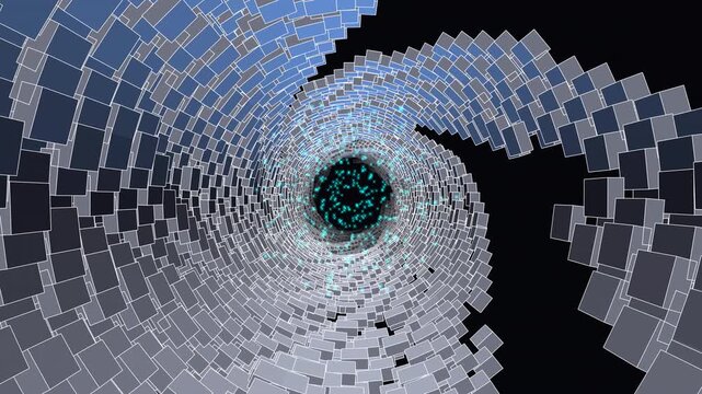 Infinite dense brutalist chasm of radiating mechanical rings. A mathematically perfect seamless loop featuring massive voids, titanium pillars, and cyan data points for immersive tech backgrounds.