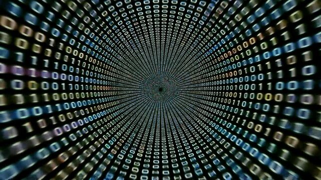 Binary codes digital data tunnel. Cyber futuristic speed tunnel. Sci-fi blue wormhole. Matrix technology decoder. Abstract 3D wireframe portal with connections lines and dots. Data flow. Technology 