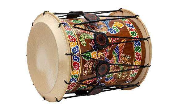 Korean Traditional Buk Drum with Heritage Patterns on White Background