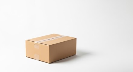 Fototapeta premium A brown cardboard box with a white tape on it on a white background.