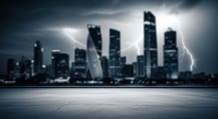 Obraz premium A city skyline with lightning bolts in the background.