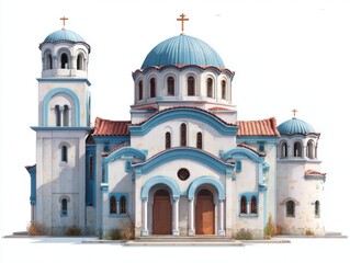 Obraz premium Ornate orthodox church with blue domes and a prominent cross stands majestically against a pure white background