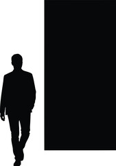 Vector illustration of businessman silhouette walking next to blank advertising billboard in street