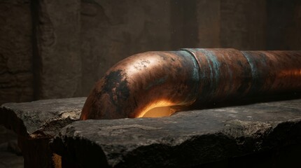 Fototapeta premium Oxidized Copper Pipe Glowing In Dark Ancient Stone Wall