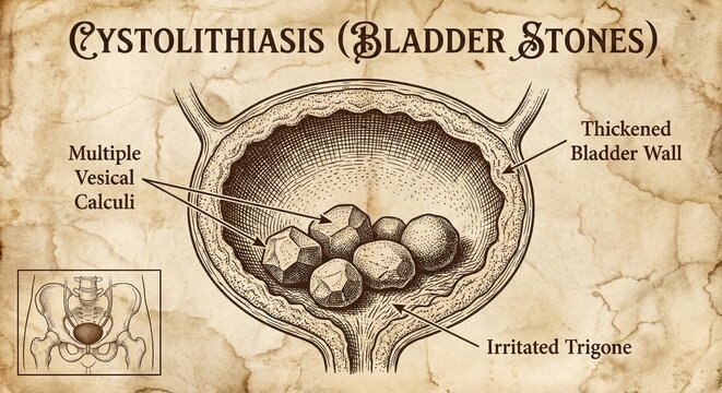 Cystolithiasis Bladder Stones Diagram, Medical Illustration, Urological Condition.