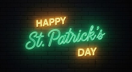 Happy St. Patrick's Day Neon Sign Glowing on Brick Wall Festive Celebration