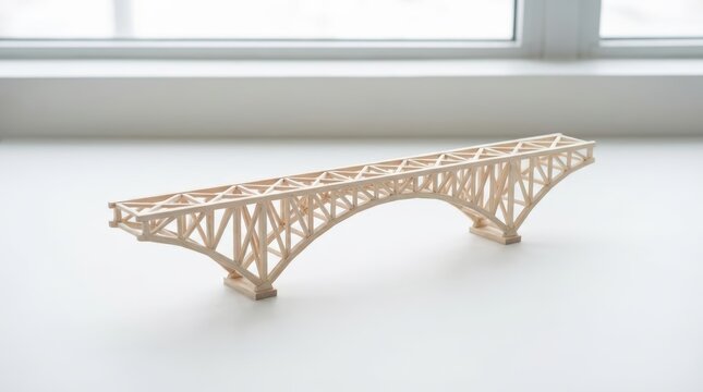 Wooden Bridge Model Crafted From Sticks With A Truss Arch Design On A Bright White Surface