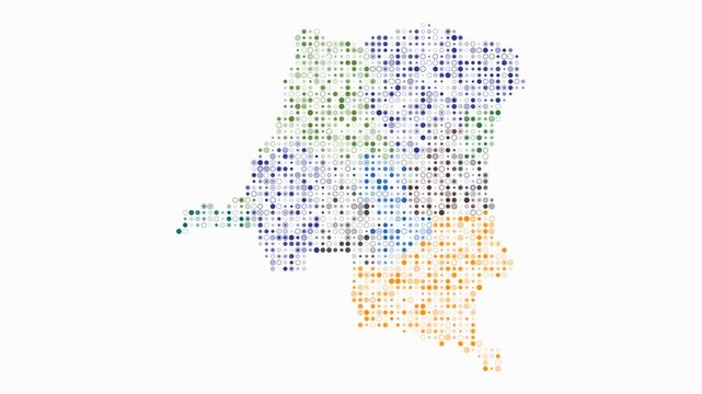 Democratic Republic of the Congo map animation. Shape of the country with pulsating colored dots. Small size circle blocks. Digital style Democratic Republic of the Congo map on white background.