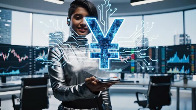 Young businesswoman uses digital currency technology. She interacts with futuristic yen symbol in modern office. Innovative finance concept thrives in digital economy.