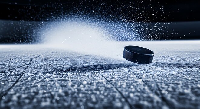 Hockey puck flying fast on ice rink with snow spray