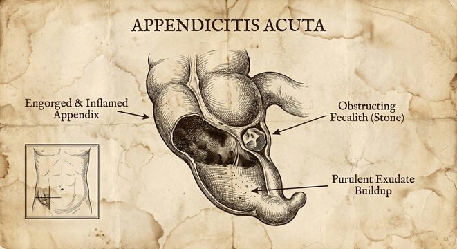 Vintage Medical Illustration Acute Appendicitis Diagnosis.