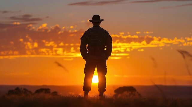 A lone soldier silhouette standing on a hilltop at sunrise, honoring Anzac Day with profound remembrance and solemn reflection for fallen heroes and national sacrifice