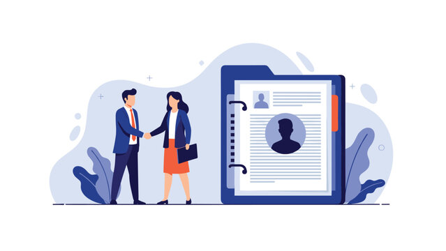 Recruitment and hiring concept showing two business professionals shaking hands next to a large candidate profile resume folder.