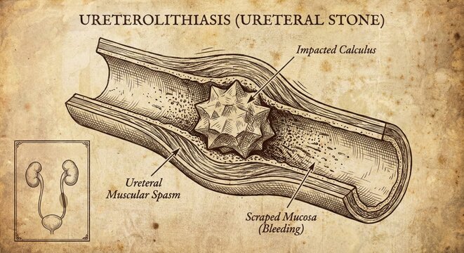 Ureteral Stone Impaction - Detailed Medical Illustration.
