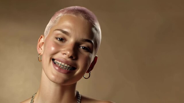 Young pretty woman with short hair, wide smile, happy looking. Watching at the camera isolated over brown background. teeth braces and necklace.