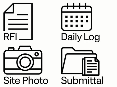 Document icons for RFI, daily log, site photo, and submittal on a clean background in a grid layout.