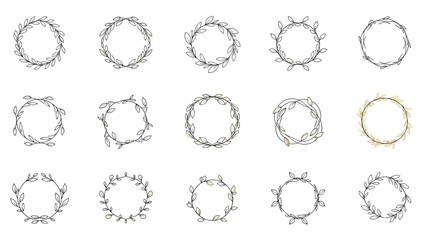 Obraz premium Large collection of diverse circular leaf wreaths provides various hand drawn foliage designs for personalized botanical frames and decor.