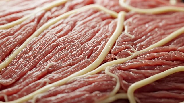 Close-up view of raw ground meat texture showcasing fine strands and fat marbling, ideal for culinary use