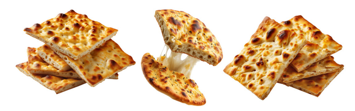 Chickpea flatbread with crispy golden brown texture and cut slices isolated on white background. Concept of Argentina Faina food