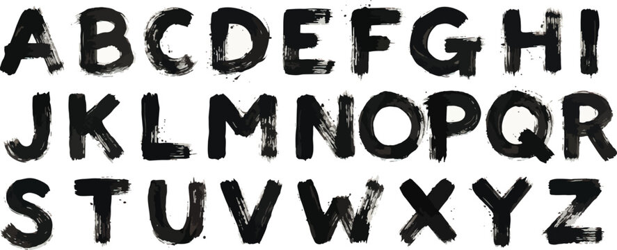 Brush drawn alphabet font with bold capital letters. Grunge texture typography.