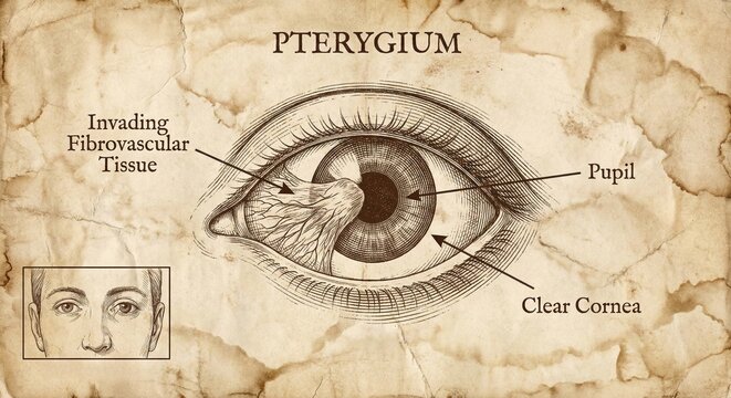Vintage Medical Illustration Pterygium Eye Condition Diagram.