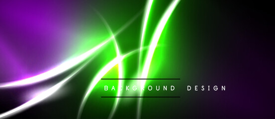 Obraz premium Abstract vibrant background. Green, purple light streaks radiate from center. Dark edges create dramatic effect. Modern design element.