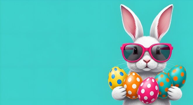 An easter bunny rabbit wearing sunnies, shades, sunglasses holding colourful easter eggs against a turquoise isolated background with room for text